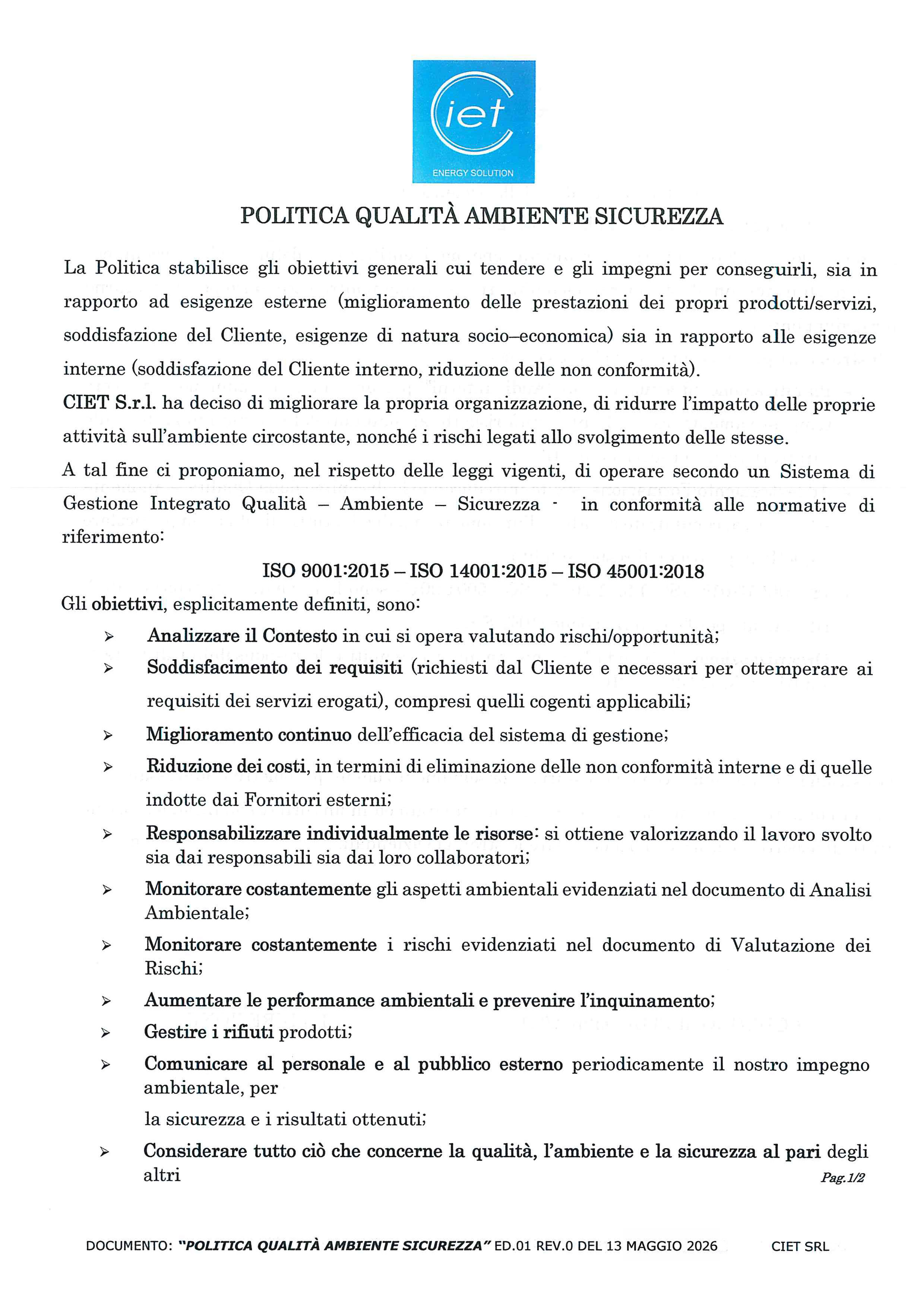 Politica per la qualità — C.I.E.T