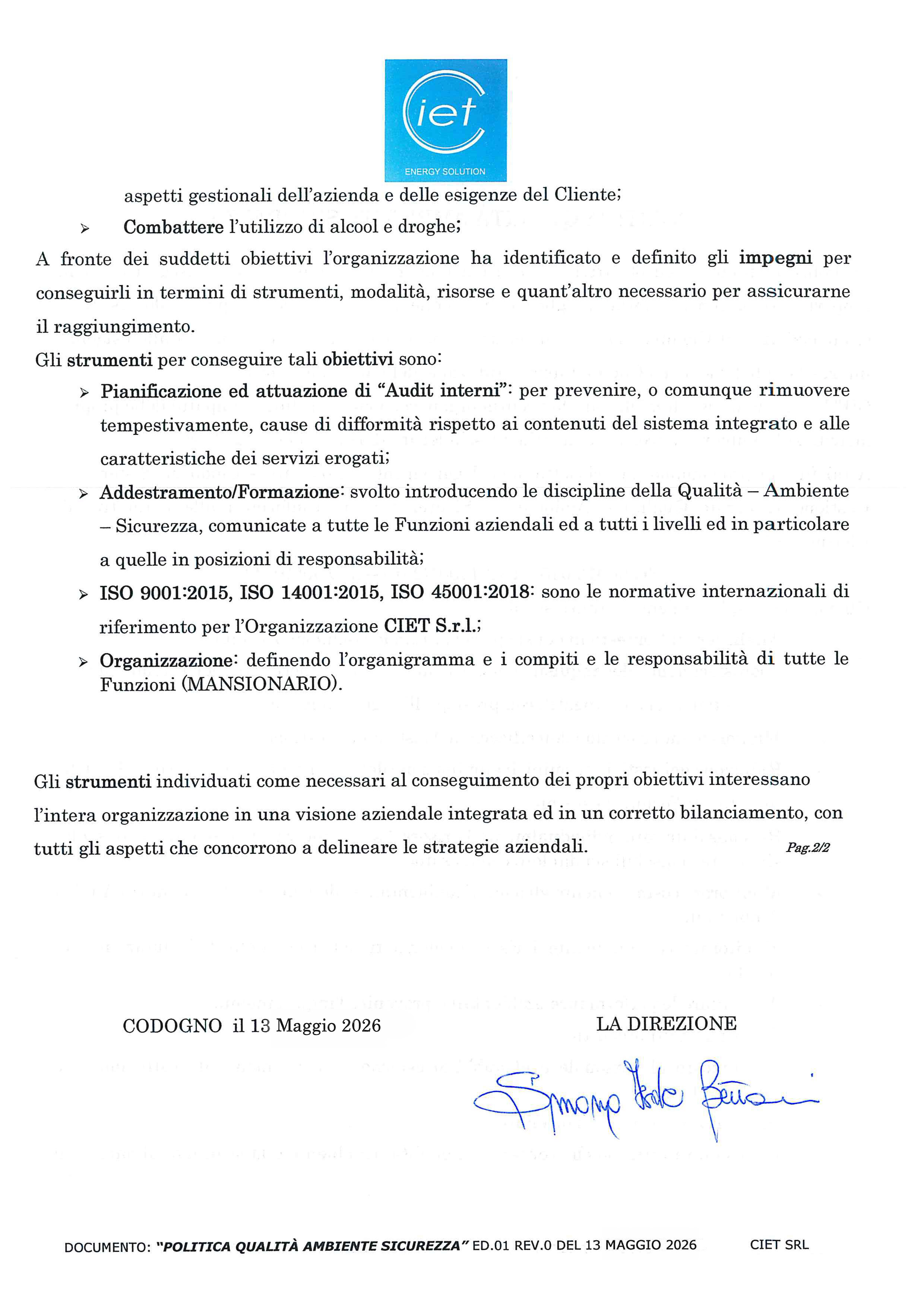 Politica per la qualità — C.I.E.T